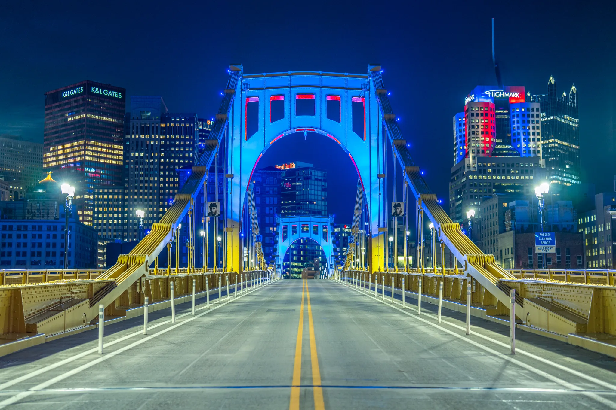 Andy Warhol Bridge lit red, white, and blue in Pittsburgh, PA